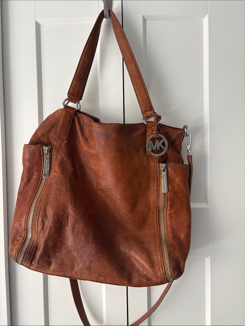 Michael Kors Brown Soft Distressed Leather Shoulder Bag Tote Silver Hardware